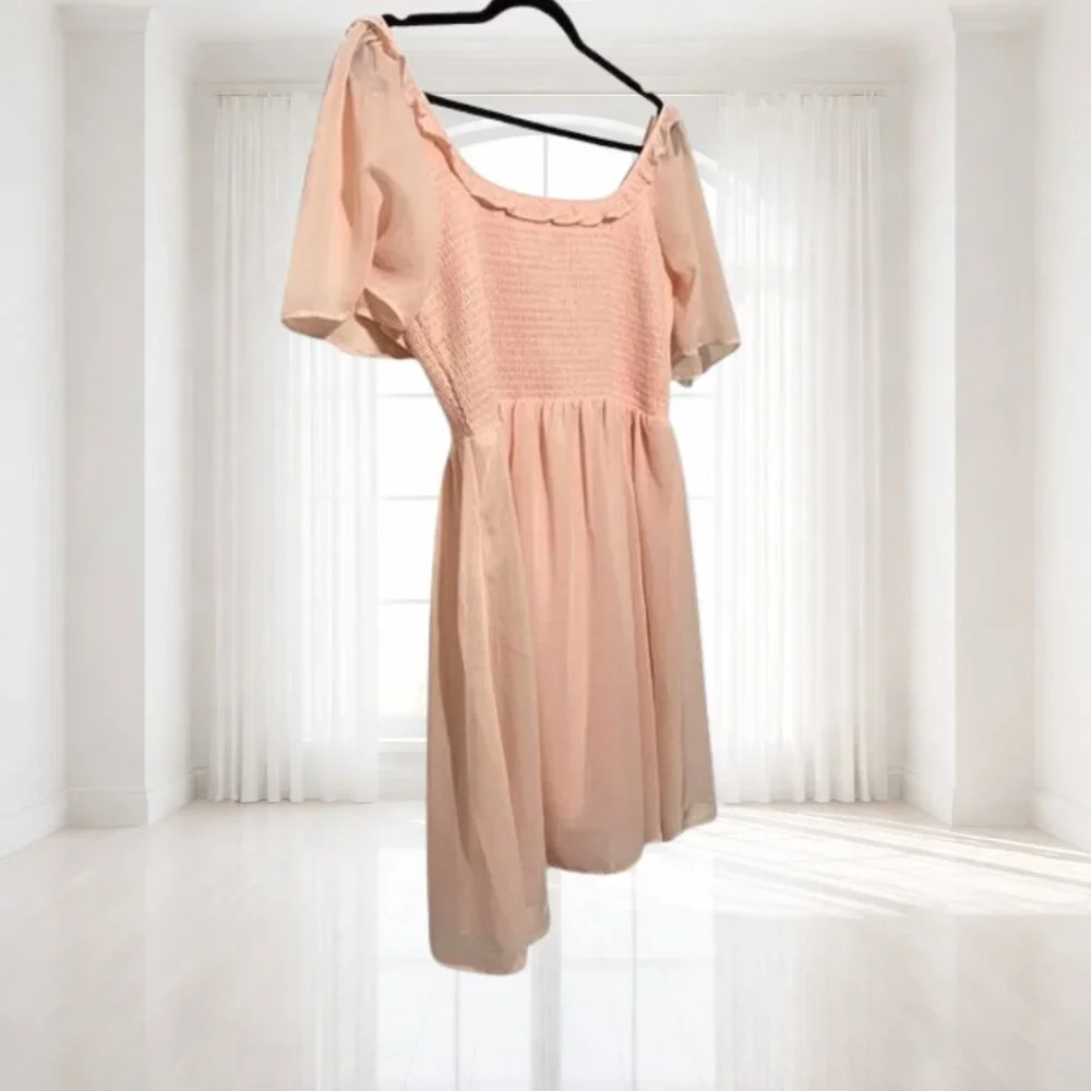 BCBG Paris Rose Quartz Chiffon Smocked Flutter Sleeve Dress | Juniors L - Picture 3 of 9